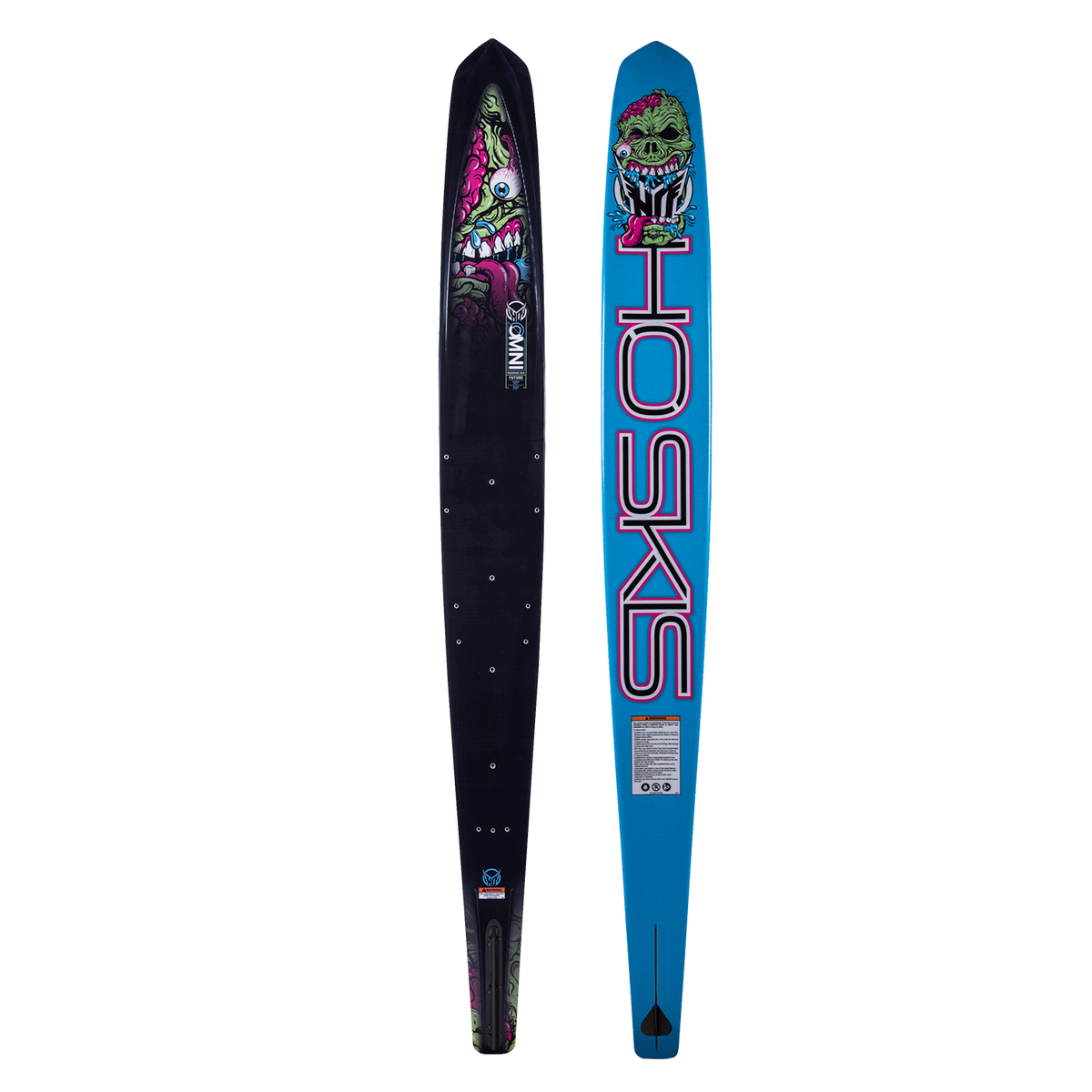 Top-down view of the Future Omni Monster 2023 water ski displaying the black deck and bold monster illustration.