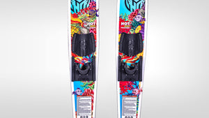 Top view of the hotshot trainer water skis with black bindings and cartoon fish / reef graphics on the top sheet.