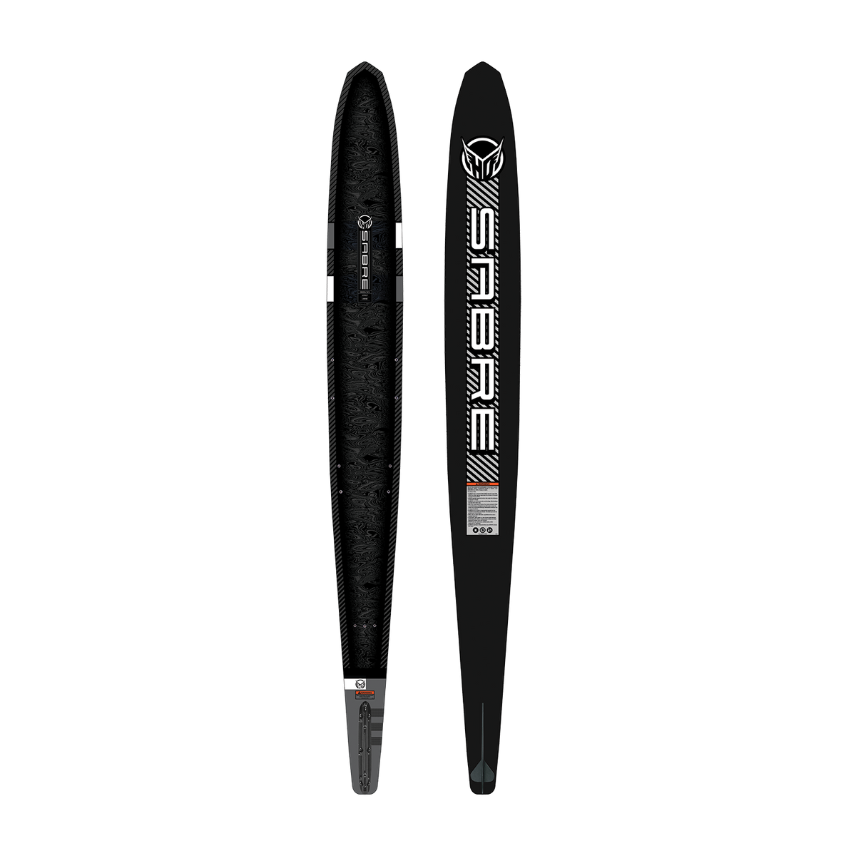 Side-by-side top and base views of the black Sabre 2024 ski, highlighting its textured surface and bold branding.