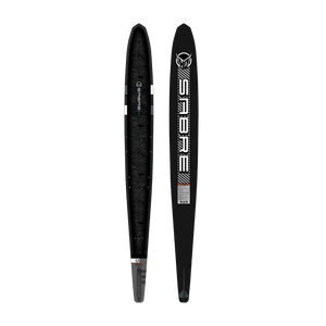 Side-by-side top and base views of the black Sabre 2024 ski, highlighting its textured surface and bold branding.