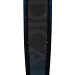 Top view of Syndicate Omega 2022, black ski with blue border, featuring "Syndicate Omega" branding and binding insert holes.