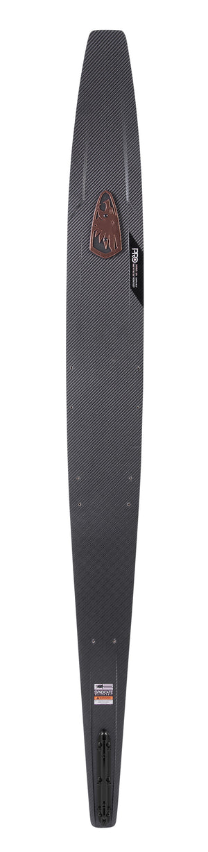 Top view of the Syndicate Pro 2022, displaying a black carbon fiber ski with rose gold lettering and a textured surface.
