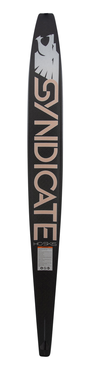 Base view of the Syndicate Pro 2022, a black ski with rose gold branding and a Syndicate logo.