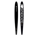 Top and bottom view of black water ski with a white and gray Syndicate logo.