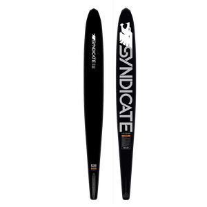 Top and bottom view of black water ski with a white and gray Syndicate logo.