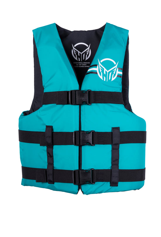 Front view of the Women's Universal HRM life vest, teal with black side panels, four buckles, and HO logo.