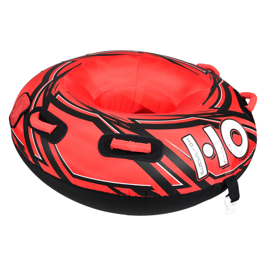 Angled view of the Zipper Tube in red and black with swirl graphics, a red center, and foam-grip tow handles.